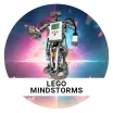 lego mindstorms robot character in front of space background in a circle 