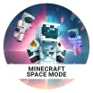 Minecraft character flying through the air on bright background orange blue purple pink in a circle 