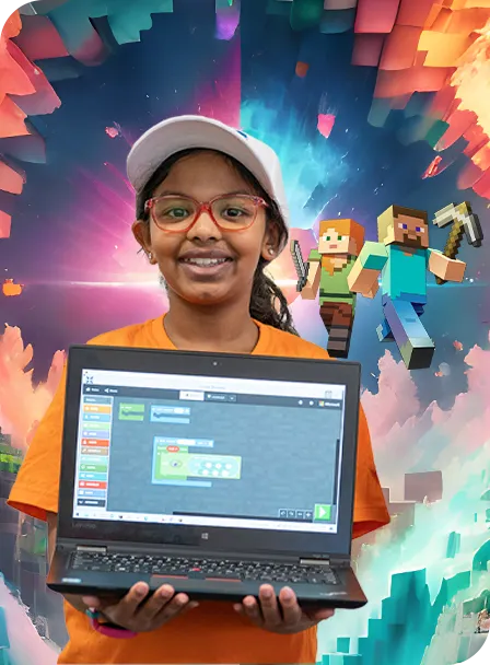 girl in hat with laptop smiling minecraft characters in front of space background 