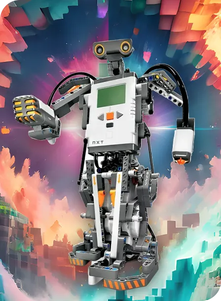 lego mindstorms robot character in front of space background 