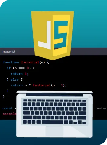Javascript logo with computer keyboard and coding commands