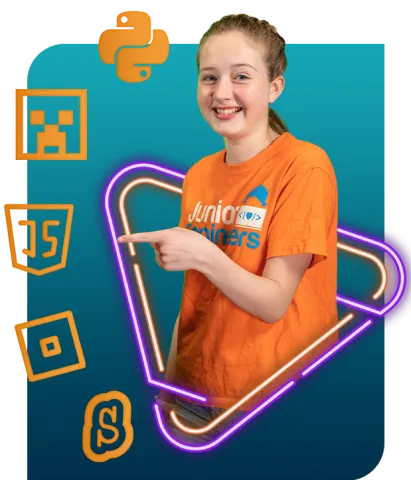 Teenage girl points to coding logos