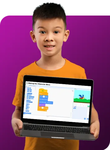 Scratch coding on a laptop screen. Boy standing in front of purple pink background