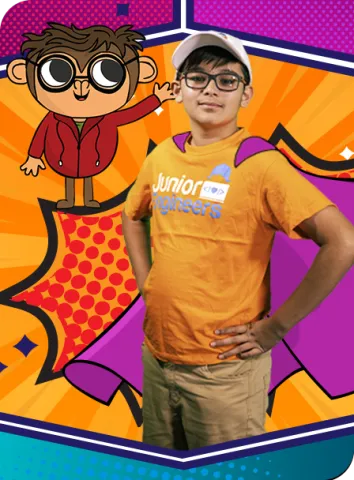 boy with hands on hips wearing orange t shirt next to ComdeMonkey monkey in front of orange purpe and blue background 