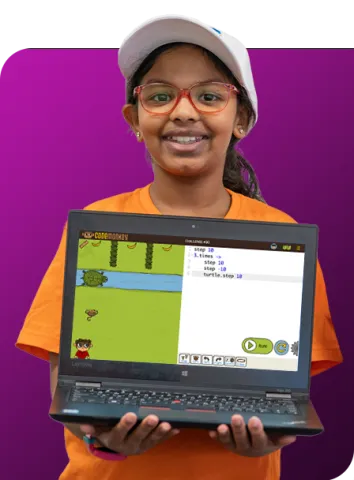 girl wearing white hat and glasses holding laptop with CodeMonkey game on the screen. Overlayed on a pink purple background 